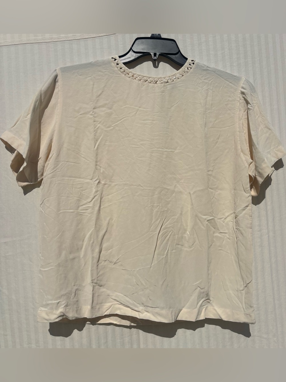 Vintage 100% Silk Women's Cream Short Sleeve Top with Braided Neckline